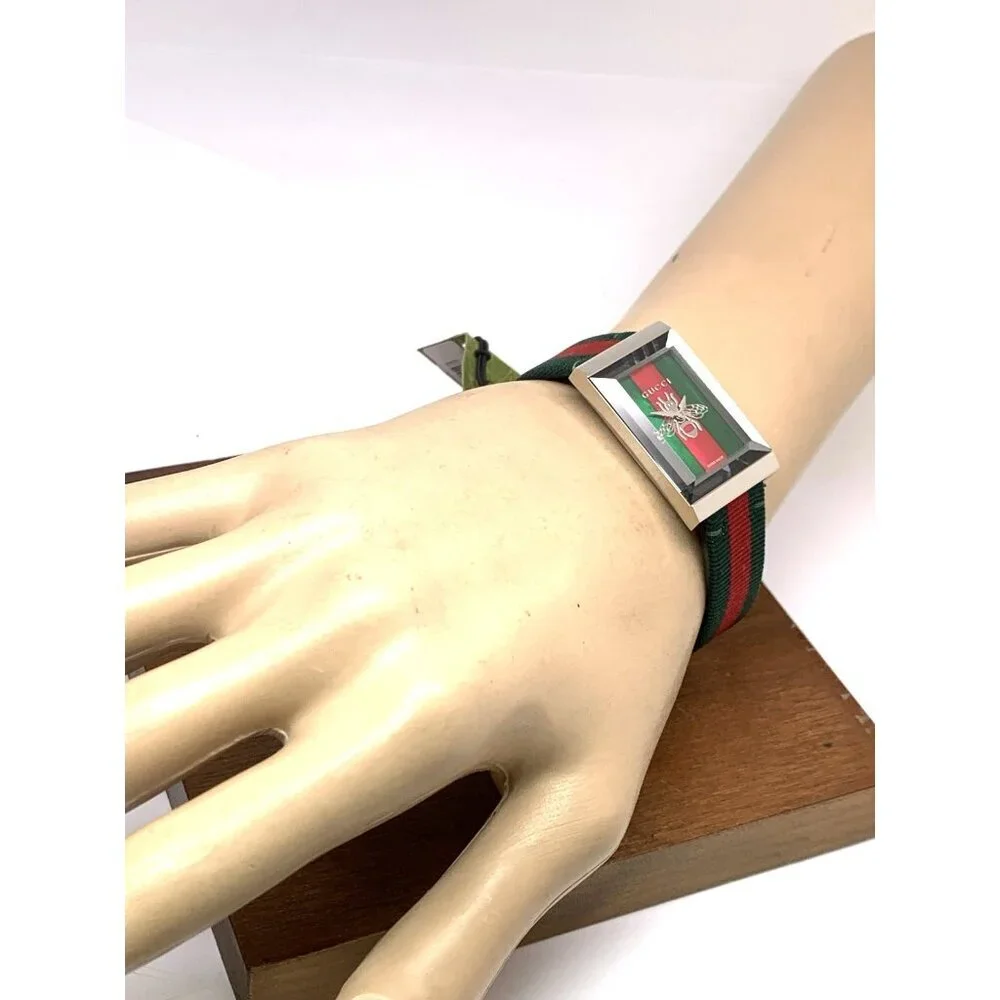 Gucci Women's Watch YA147408 G-Frame Green Red Dial Swiss Quartz Tank Nylon Band